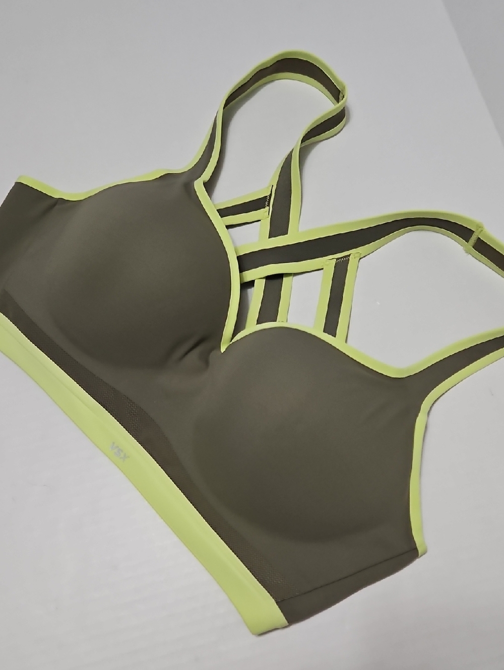 Victoria's Secret Olive Green & Neon Yellow Strappy Sports Bra Size 38C